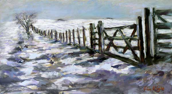 Fields covered in snow with a gate and fence receding to the distance