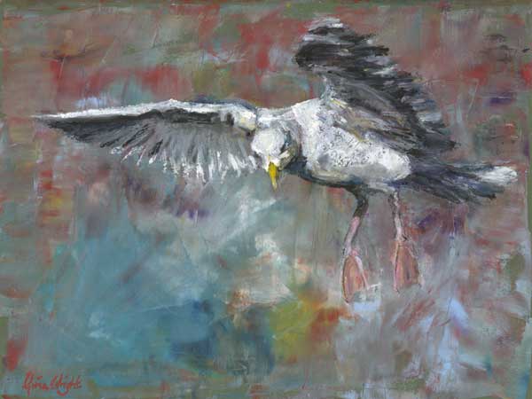 Gull with wings streched out on an abstract background