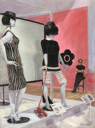 Two manequins in Mary Quant outfits, one has a lobster on a leash