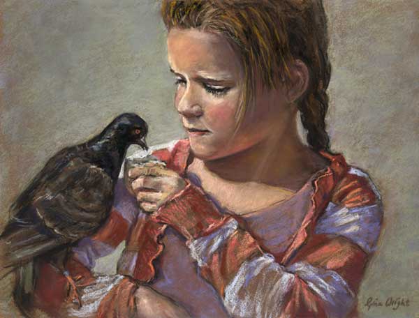 Girl feeding a pigeon on her arm
