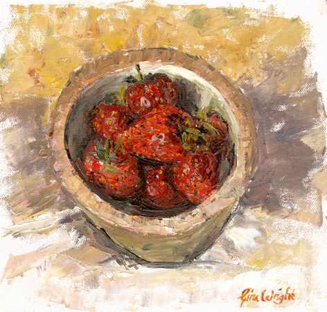 Wooden bowl of strawberries painted in oils