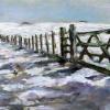Fields covered in snow with a gate and fence receding to the distance