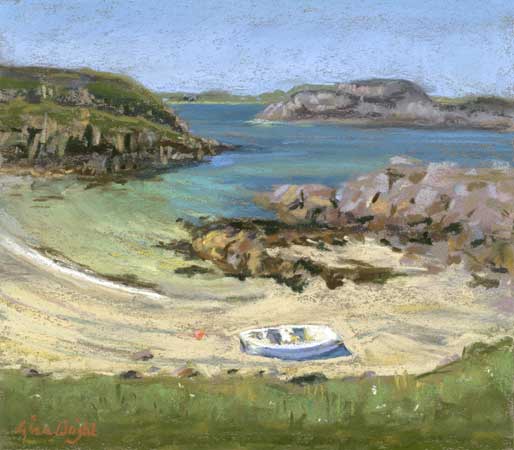 A boat on the beach on the bay with torquoise sea behind